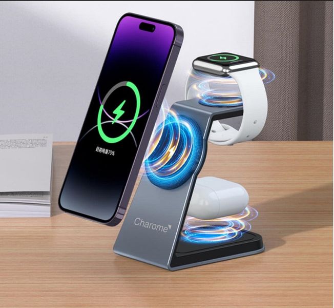 Беспроводное зарядное устройство для CHAROME H14 3-in-1 Wireless Charging Stand Silver (6974324910854 ) 45337 фото