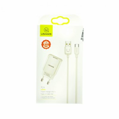 МЗП Usams T21 Charger kit T18 single USB EU charger +Uturn Type-C cable White (T21OCTC01) 14315 фото