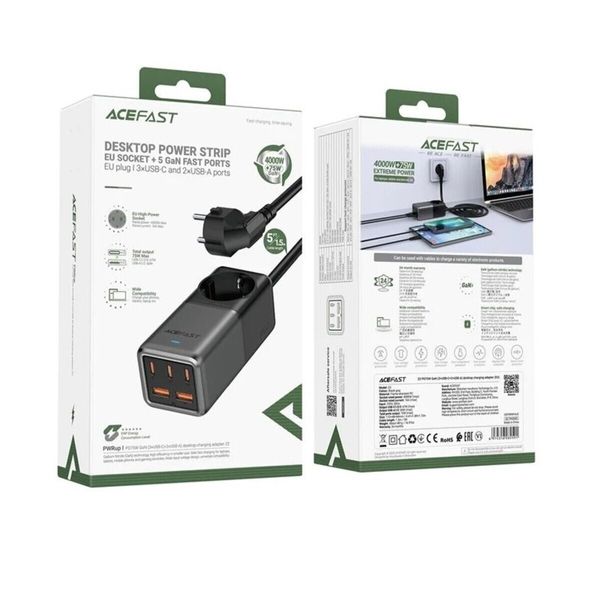 Мережевий зарядний пристрій ACEFAST Z2 PD75W GaN (3*USB-C+2*USB-A) desktop charging adapter 1,5m Black (AFZ2) 47206 фото