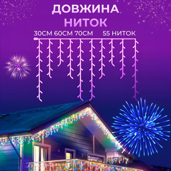 Гірлянда вулична світлодіодна 200 LED 12 метрів білий дріт бахрома 55 ниток Мультиколор 1961156619 фото