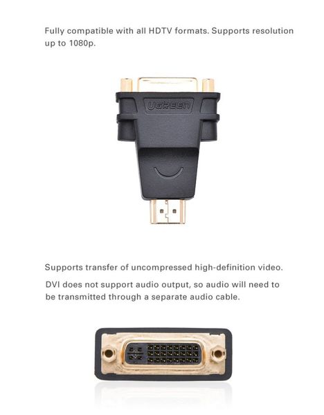 Адаптер UGREEN HDMI Male to DVI (24+5) Female Adapter (Black)(UGR-20123) (UGR-20123) 50104 фото