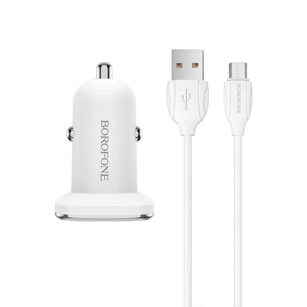 Автомобільний зарядний пристрій BOROFONE BZ12A single port QC3.0 with Micro-USB cable 18W White (BZ12AM) 13057 фото