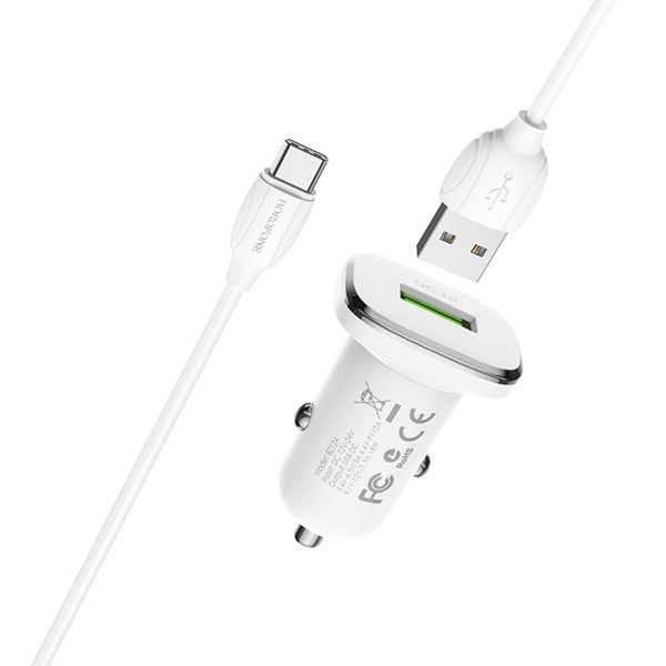 Автомобільний зарядний пристрій BOROFONE BZ12A single port QC3.0 with Micro-USB cable 18W White (BZ12AM) 13057 фото