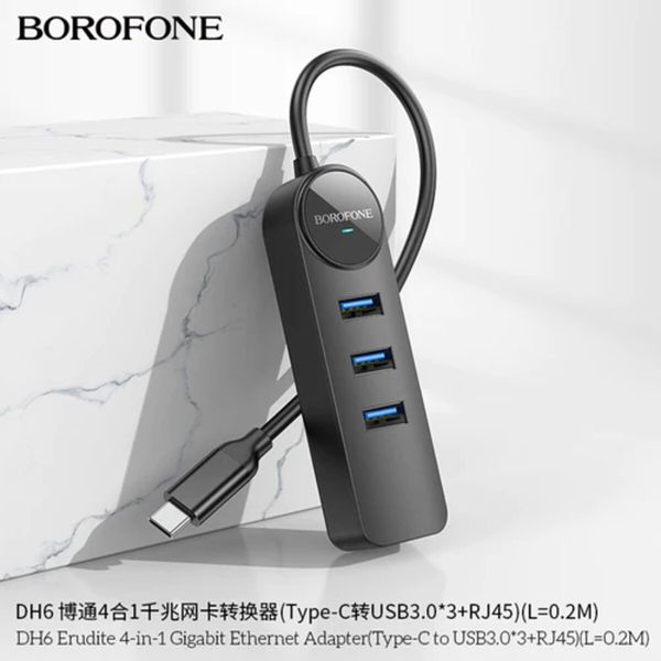 Адаптер Borofone DH6 Erudite 4-in-1 Gigabit Ethernet Adapter(Type-C to USB3.0*3+RJ45)(L=0.2M) Black (6941991104312) 49270 фото