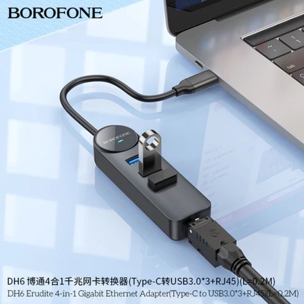 Адаптер Borofone DH6 Erudite 4-in-1 Gigabit Ethernet Adapter(Type-C to USB3.0*3+RJ45)(L=0.2M) Black (6941991104312) 49270 фото