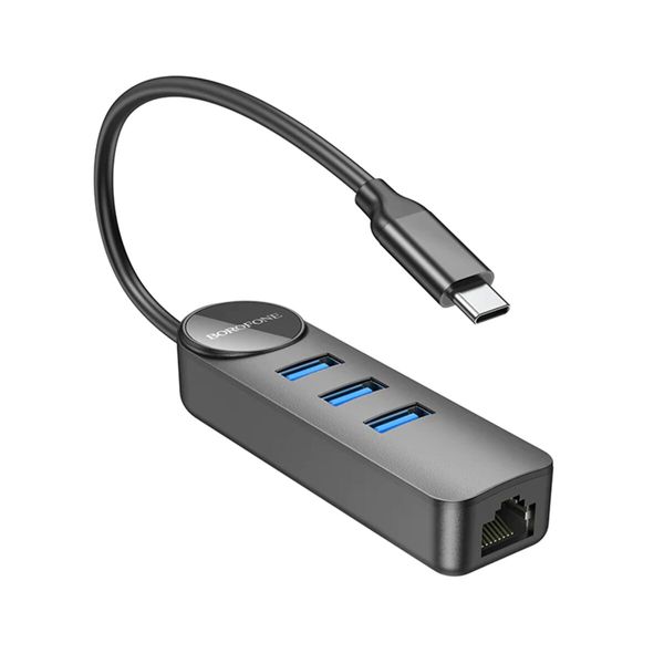 Адаптер Borofone DH6 Erudite 4-in-1 Gigabit Ethernet Adapter(Type-C to USB3.0*3+RJ45)(L=0.2M) Black (6941991104312) 49270 фото