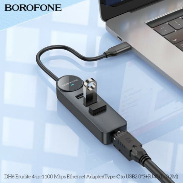 Адаптер Borofone DH6 Erudite 4-in-1 100 Mbps Ethernet Adapter(Type-C to USB2.0*3+RJ45)(L=0.2M) Black (6941991104282) 44479 фото