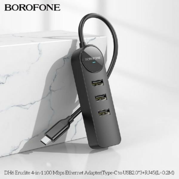 Адаптер Borofone DH6 Erudite 4-in-1 100 Mbps Ethernet Adapter(Type-C to USB2.0*3+RJ45)(L=0.2M) Black (6941991104282) 44479 фото