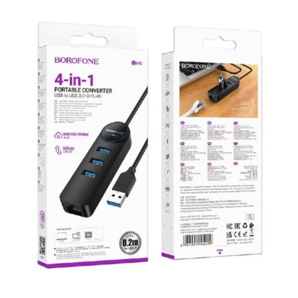 Адаптер Borofone DH6 Erudite 4-in-1 100 Mbps Ethernet Adapter(Type-C to USB2.0*3+RJ45)(L=0.2M) Black (6941991104282) 44479 фото