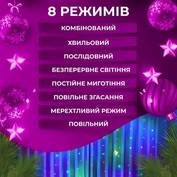 Гірлянда штора світлодіодна GarlandoPro Роса 200LED 3х2м 10 ліній 8 режимів гірлянда крапля роси 1958697739 фото