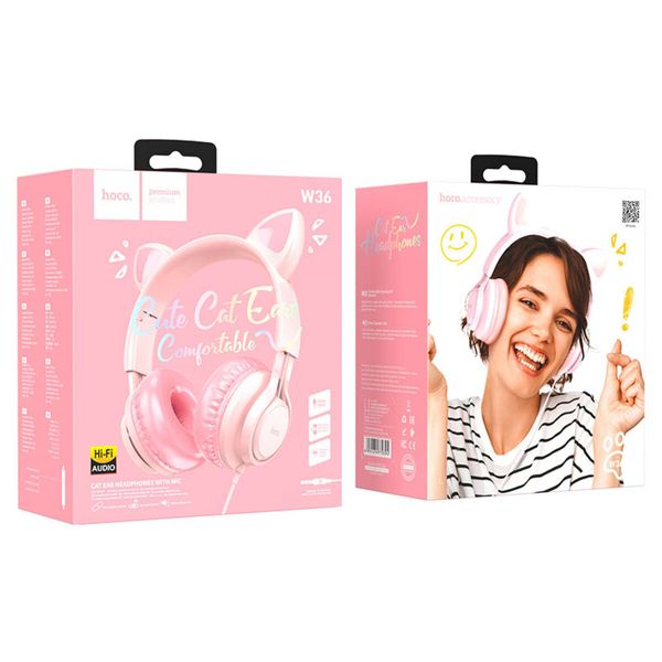 Наушники HOCO W36 Cat ear headphones with mic Pink (6931474770394) 25012 фото