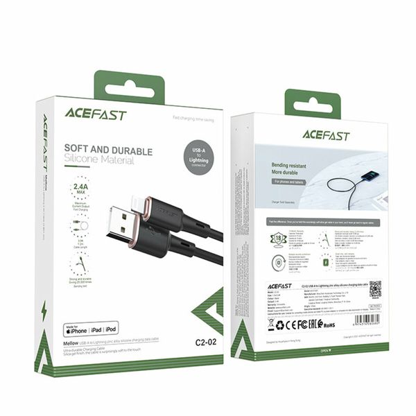 Кабель ACEFAST C2-02 USB to iP 2.4A, 1.2m, silicone, zinc connectors, Black (AFC2-02B) 33137 фото