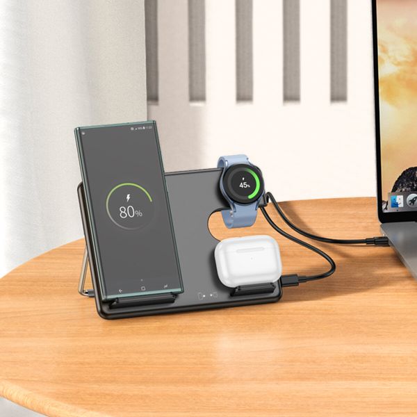 Беспроводное зарядное устройство для HOCO CQ2 Flash folding 3-in-1 Wireless Fast Charger (SAM Watch) Black (6942007602327 ) 49057 фото