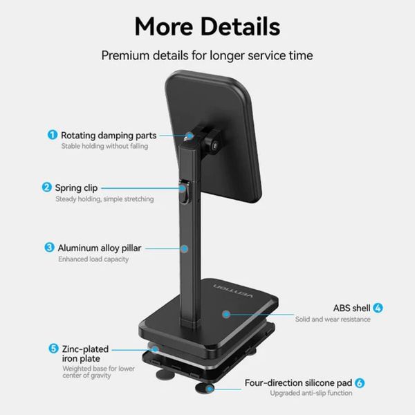 Тримач для телефону Height Adjustable Desktop Cell Phone Stand Black Aluminum Alloy Type (KCQB0) (KCQB0) 49952 фото