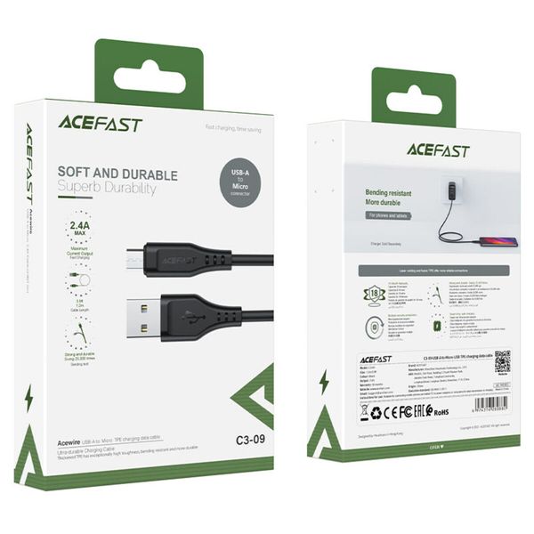 Кабель ACEFAST C3-09 USB to Micro 2,4A, 1.2m, TPE, TPE connectors, Black (AFC3-09B) 14702 фото