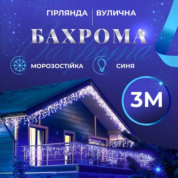 Гірлянда вулична світлодіодна 100 LED 3 метри білий дріт бахрома 18 ниток Синій 1960980214 фото