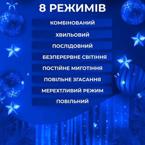 Гірлянда штора світлодіодна GarlandoPro Роса 200LED 3х2м 10 ліній 8 режимів гірлянда крапля роси Синій 1958697740 фото