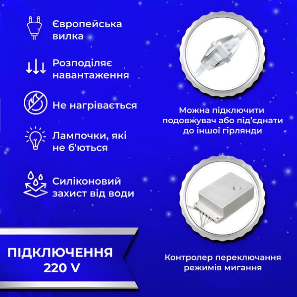 Гірлянда штора світлодіодна GarlandoPro Роса 200LED 3х2м 10 ліній 8 режимів гірлянда крапля роси Синій 1958697740 фото