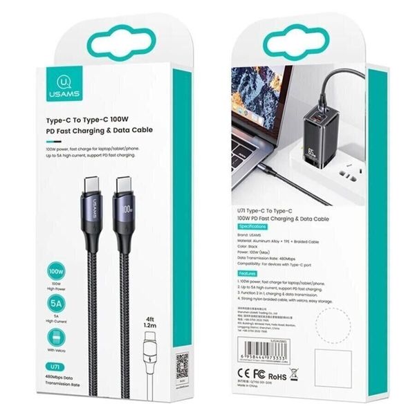 Кабель Usams US-SJ524 U71 Type-C To Type-C 100W PD Fast Charging & Data Cable 1.2m black (SJ524USB01) 52360 фото