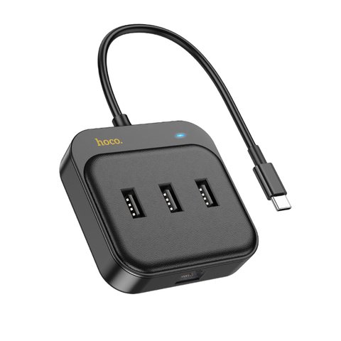 Хаб HOCO HB35 Easy link 4-in-1 100 Mbps Ethernet Adapter(Type-C to USB2.0*3+RJ45)(L=0.2M) Black 48961 фото