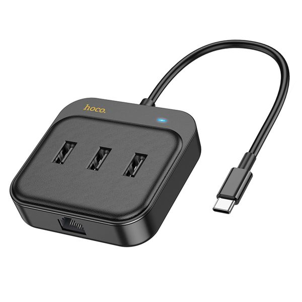 Хаб HOCO HB35 Easy link 4-in-1 100 Mbps Ethernet Adapter(Type-C to USB2.0*3+RJ45)(L=0.2M) Black 48961 фото