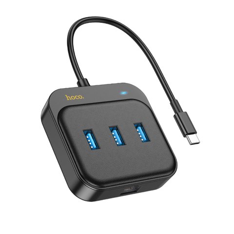 Хаб HOCO HB35 Easy link 4-in-1 Gigabit Ethernet Adapter(Type-C to USB3.0*3+RJ45)(L=0.2M) Black 48964 фото