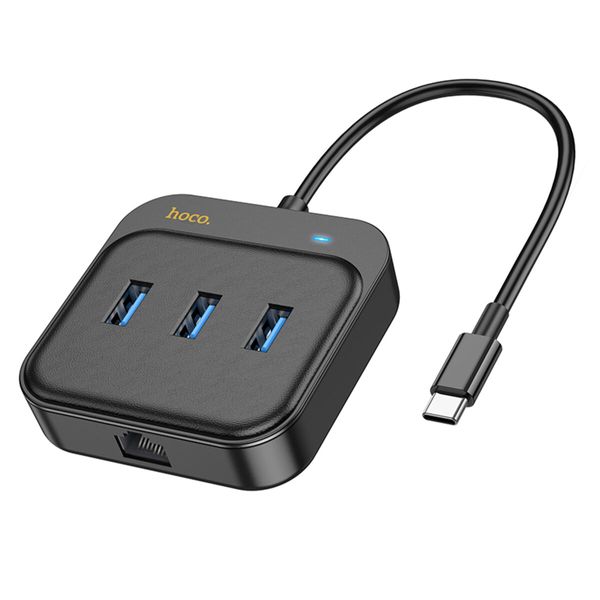 Хаб HOCO HB35 Easy link 4-in-1 Gigabit Ethernet Adapter(Type-C to USB3.0*3+RJ45)(L=0.2M) Black 48964 фото