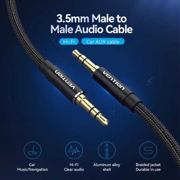 Кабель Vention Cotton Braided 3.5mm Male to Male Audio Cable 0.5M Black Aluminum Alloy Type (BAWBD) (BAWBD) 49899 фото