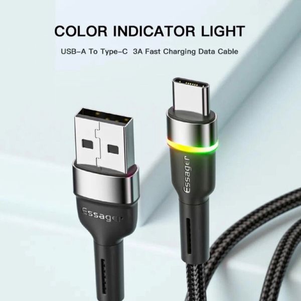 Кабель Essager Colorful LED USB Cable Fast Charging 3A USB-A to Type C 2m black (EXCT-XCDA01) (EXCT-XCDA01) 44907 фото