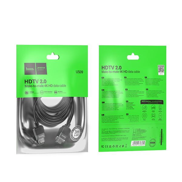 Кабель HOCO US09 Cutting-edge HDTV 2.0 4K HD data cable(L=3M) Black (6942007608978 ) 49047 фото