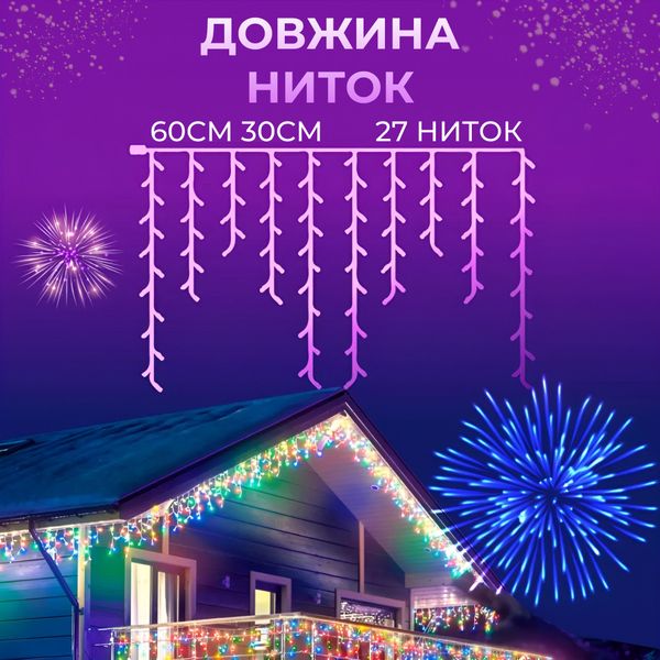 Гірлянда вулична світлодіодна 120 LED 6 метрів білий дріт бахрома 27 ниток Мультиколор 1961047415 фото