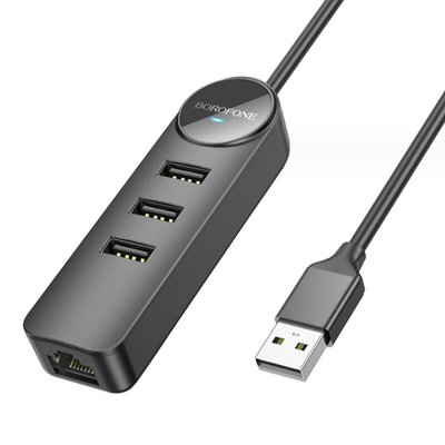 Адаптер Borofone DH6 Erudite 4-in-1 100 Mbps Ethernet Adapter(USB to USB2.0*3+RJ45)(L=1.2M) Black (6941991104275) 44481 фото