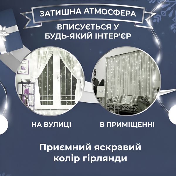 Гірлянда штора світлодіодна GarlandoPro Роса 200LED 3х2м 10 ліній 8 режимів гірлянда крапля роси Білий 1958697741 фото