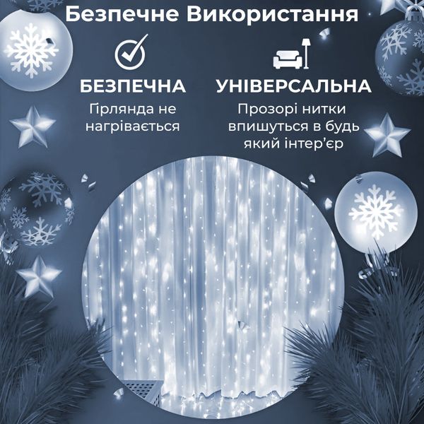 Гірлянда штора світлодіодна GarlandoPro Роса 200LED 3х2м 10 ліній 8 режимів гірлянда крапля роси Білий 1958697741 фото