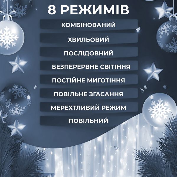 Гірлянда штора світлодіодна GarlandoPro Роса 200LED 3х2м 10 ліній 8 режимів гірлянда крапля роси Білий 1958697741 фото