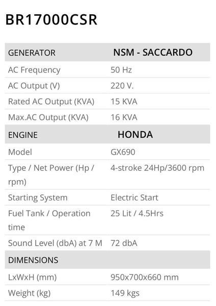 Електрогенератор Honda (Brava) BR17000 CSR колір чорний BR17000 CSR/black фото