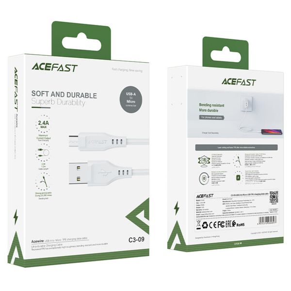 Кабель ACEFAST C3-09 USB to Micro 2,4A, 1.2m, TPE, TPE connectors, White (AFC3-09W) 14701 фото