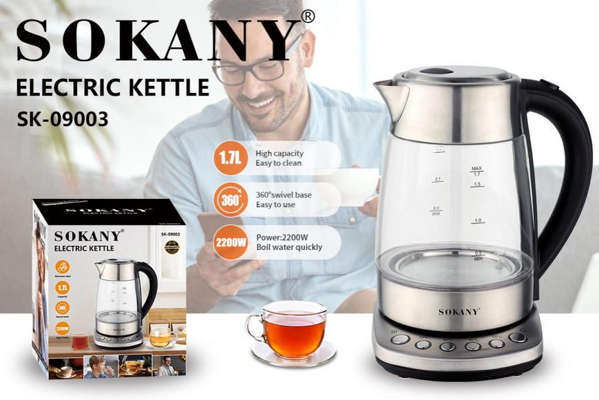 Електрочайник з підсвічуванням Sokany SK-09003 Electric Kettle 2200W 1,7l прозорий чайник 2082883238 фото