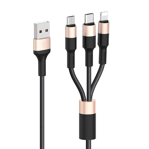 Кабель HOCO X26 USB to iP+Type-C+Micro 2A, 1m, nylon, aluminum connectors Black+Gold (6957531080275) 23860 фото