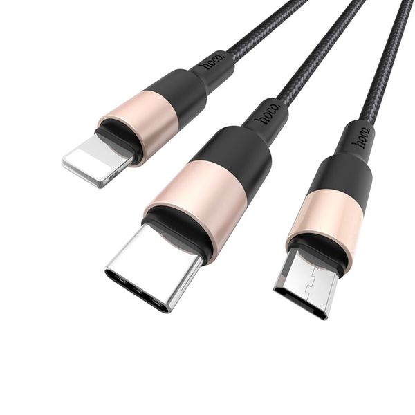 Кабель HOCO X26 USB to iP+Type-C+Micro 2A, 1m, nylon, aluminum connectors Black+Gold (6957531080275) 23860 фото