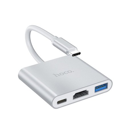 Кабель-переходник HOCO HB14 Easy use Type-C Adapter(Type-C to USB3.0+HDMI+PD) Silver (6931474725790) 32843 фото