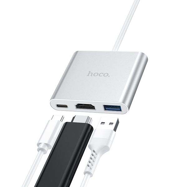 Кабель-переходник HOCO HB14 Easy use Type-C Adapter(Type-C to USB3.0+HDMI+PD) Silver (6931474725790) 32843 фото