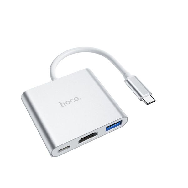 Кабель-переходник HOCO HB14 Easy use Type-C Adapter(Type-C to USB3.0+HDMI+PD) Silver (6931474725790) 32843 фото