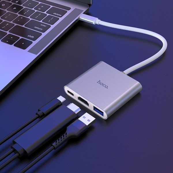 Кабель-переходник HOCO HB14 Easy use Type-C Adapter(Type-C to USB3.0+HDMI+PD) Silver (6931474725790) 32843 фото