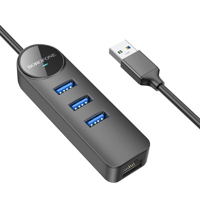 Адаптер Borofone DH6 Erudite 4-in-1 Gigabit Ethernet Adapter(USB to USB3.0*3+RJ45)(L=0.2M) Black (6941991104299) 44482 фото