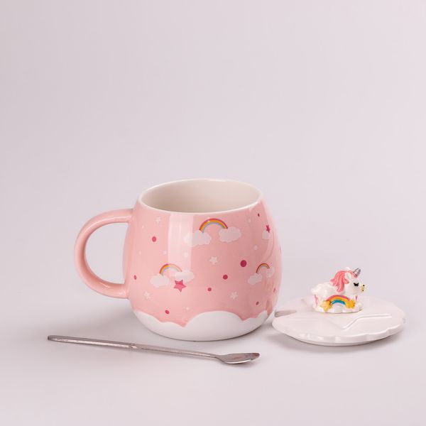 Чашка керамічна Rainbow Ceramic Mug 400ml Pink з кришкою і ложкою кухоль для чаю з кришкою 2027397799 фото