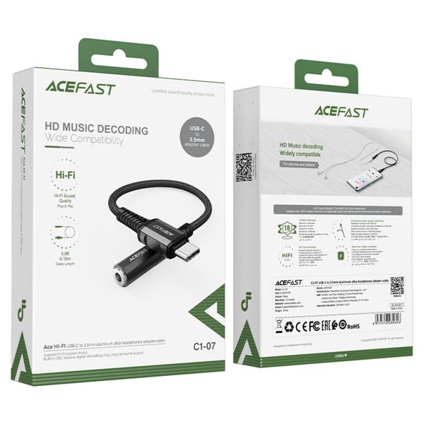 Кабель ACEFAST C1-07 USB-C to 3.5mm aluminum alloy headphones adapter cable Black (AFC1-07B) 15794 фото