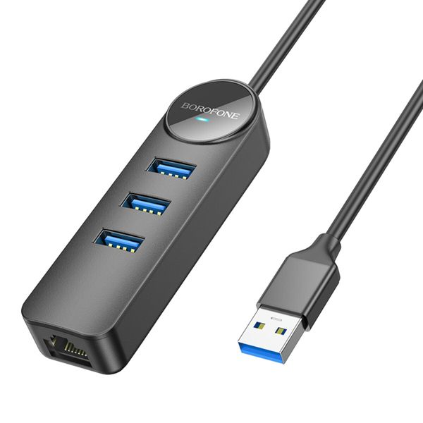 Адаптер Borofone DH6 Erudite 4-in-1 Gigabit Ethernet Adapter (USB to USB3.0*3+RJ45)(L=1.2M) Black (6941991104305) 44483 фото