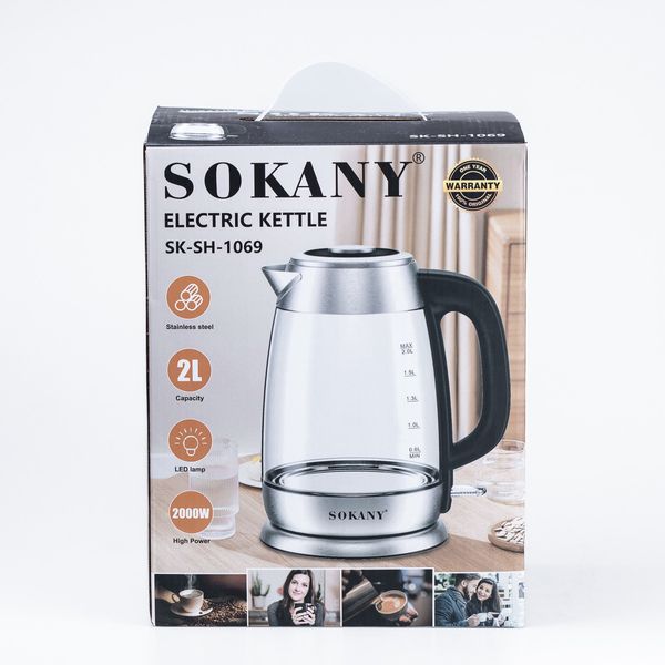 Електрочайник Sokany SK-SH-1069 Electric Kettle 2000W 2l прозорий чайник 2084748752 фото