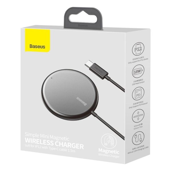 БЗП Baseus Simple Mini Magnetic Wireless Charger для IP With Type-C Cable Black (WXJK-F01) 13390 фото